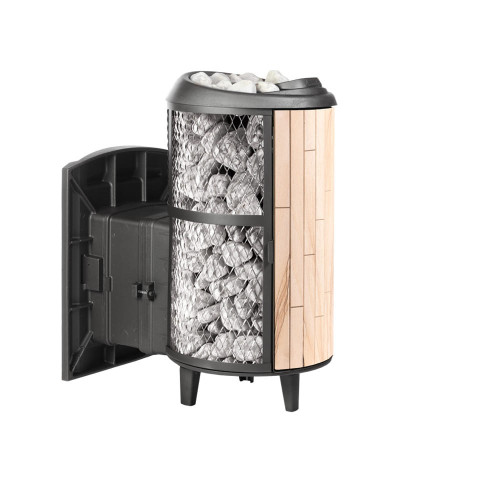 Печь для бани Прометалл Атмосфера L с комбинированной облицовкой сетка-ламели Окаменевшее дерево наборные